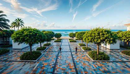 "Scenic Palm-Lined Beach Promenade with Colorful Tiles at a Modern Seaside Resort"