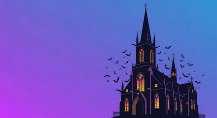 Fototapeta premium Gothic Style Church Silhouette with Flying Bats Against Purple Blue Sunset Sky