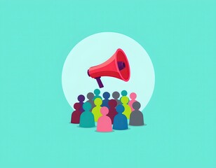 Bold Icon of Megaphone with Crowd Silhouette on Turquoise Background