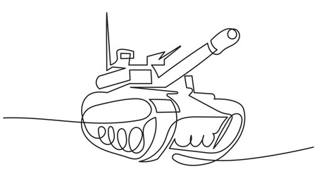 One-line minimalist drawing of a modern military tank in side view, featuring a long cannon, detailed treads, and angular turret. The continuous line style creates a sleek, abstract representation 