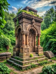 Fototapeta premium Ancient stone monument with intricate carvings and foliage surrounding it