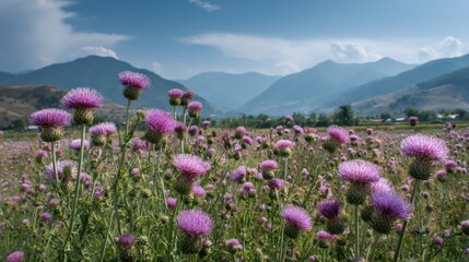 Obraz premium Lush purple thistle field stretches towards a mountain backdrop