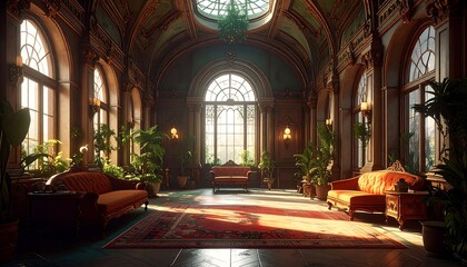 Fototapeta premium Sunlit grand hall in a historic mansion with arched windows and classic furniture