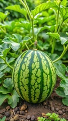 A small striped watermelon with a green rind and juicy flesh is growing in a garden among lush green leaves and vines