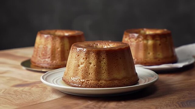 Three Golden Baba Au Rhum Pastries on Wooden Table with Dark Gray Background Studio Shot Displaying Delicious Gourmet Cakes Glazed with Syrup on White Plates Perfect for Bakery Promotion