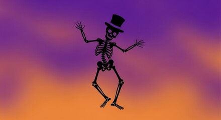 Halloween Skeleton Wearing Top Hat Flying Against Colorful Sunset Sky