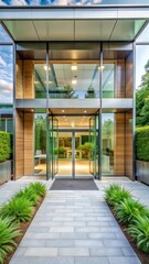 Fototapeta premium Modern Clinic Entrance with Glass Double Doors and Green Landscaping