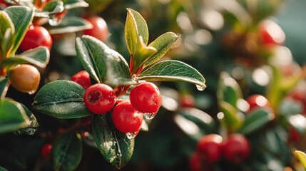 Obraz premium Red berries with glossy green leaves on a plant, close-up of vibrant natural foliage