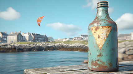 Rustic metal bottle on wooden pier with coastal view