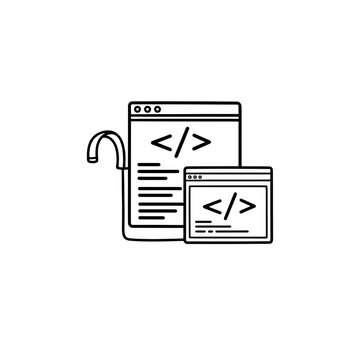 Web Development Icon: Two Browser Windows Displaying Code and a Cable.
