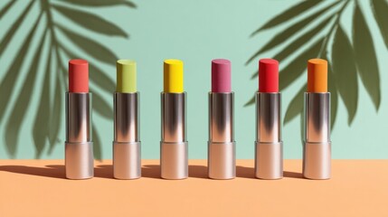 Vibrant Colorful Lipsticks Displayed Against Tropical Background