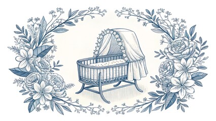 beautiful floral frame with baby cot cradle clipart