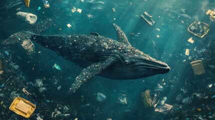 Fototapeta premium Underwater leviathan struggling within a sea of plastic pollution and waste