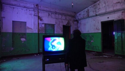 Surreal scene of a person watching a vintage television in a decaying building
