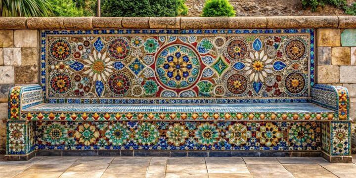 Mosaic benches and intricate details on a stone wall