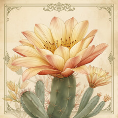 Ai generate A vintage style card illustration featuring a beautifully detailed cactus flower in full bloom, with delicate petals rendered in soft gradients of pink, yellow, and cream