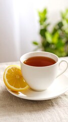 A cup of tea with lemon slice on a saucer, rests on a linen tablecloth