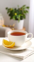 Obraz premium A cup of tea with lemon wedge sits on a saucer and linen napkin