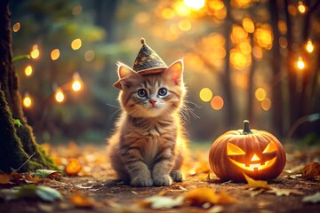 Cute kitten wearing a witch hat with a pumpkin in a spooky forest