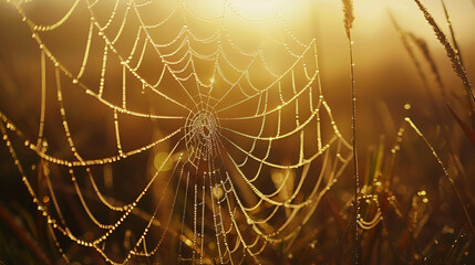 A spiderweb covered in morning dew glistens in the sunlight in a field of tall grass at sunrise