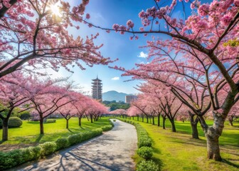 Serene Sakura Garden under Clear Sky in Taipei
