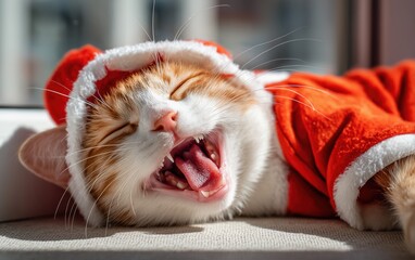 Cute cat in Santa outfit yawning while lying by the window