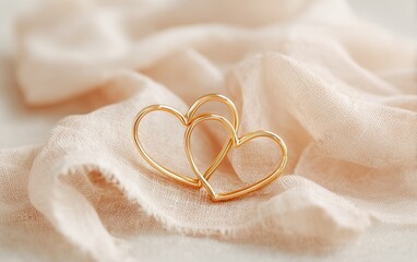 Two golden heart-shaped rings resting on soft cream fabric