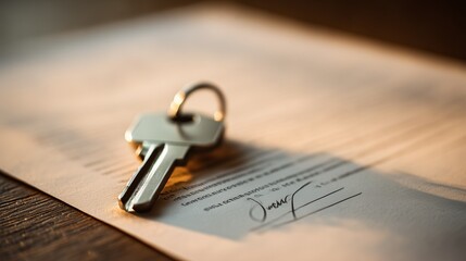 Sleek Silver House Key on Official Document on Wooden Desk