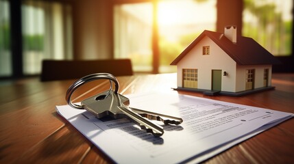 Modern House Key on Wooden Desk with Official Document