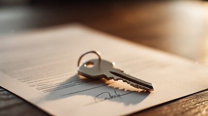 Sleek Silver House Key on Official Document with Wooden Desk