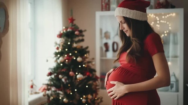 Close up of pregnant woman in beautiful red dress and santa hat touching her belly on the background of decorated fir tree. Happy pregnancy, New Year and Christmas concept. video with copy space.