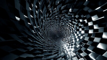 Abstract checkered tunnel with optical illusion and swirling vortex, a futuristic background for technology and space exploration concepts