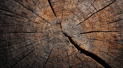 Close-up of a cross-section of an ancient tree trunk with detailed rings and texture