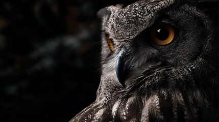 Close-up of a nocturnal owl with glowing eye in a dark forest
