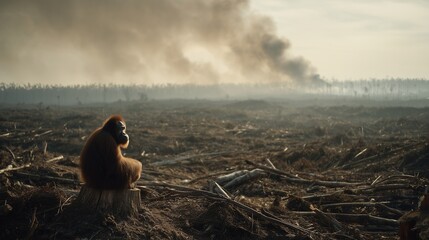 Solitary Orangutan on Tree Stump in Desolate Deforestation Scene
