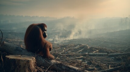 Solitary orangutan on tree stump in deforested landscape with smoke and fire damage