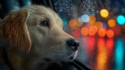 Golden Retriever puppy looking out car window on rainy night with colorful city lights