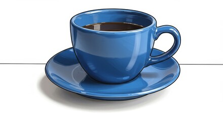Blue Coffee Cup and Saucer - A single blue coffee cup filled with coffee, sitting on a matching saucer. Simple, clean background
