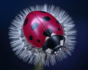 Fototapeta premium Striking ladybug resting on a fluffy dandelion seedhead.