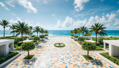 "Scenic Palm-Lined Beach Promenade with Colorful Tiles at a Modern Seaside Resort"