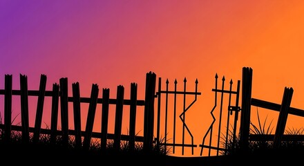 Silhouette Broken Wooden Fence Against Vibrant Sunset Sky