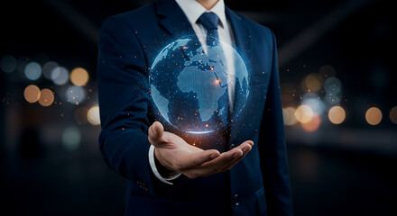 Businessman Holding Holographic Earth Globe 