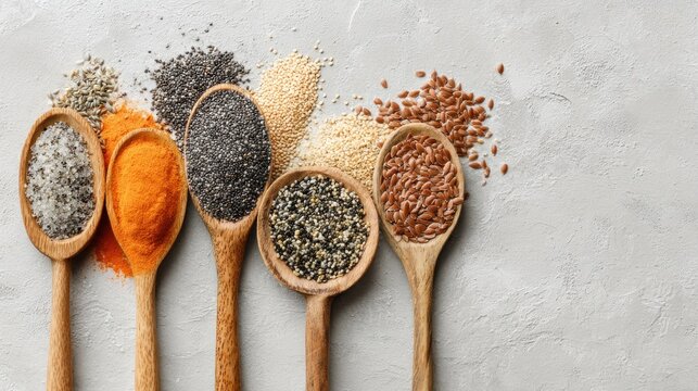 Various seeds and spices in wooden spoons