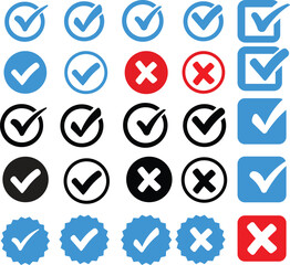 Blue tick verified social media account icon set. Approved profile sign. White tick in blue circle symbol. Official page badge. Authentication check mark.Quality vector illustration.