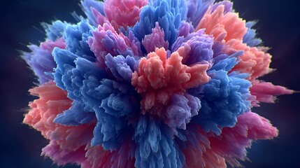 Obraz premium Colorful Explosion Abstract 3D Sphere of Pink with Blue, and Peach on Dark.