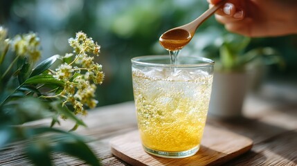 Refreshing homemade kombucha drink being stirred