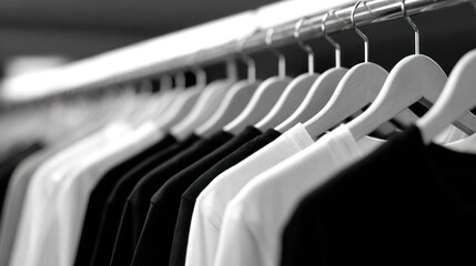 Black and white t-shirts on hangers