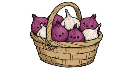 Cute Cartoon Shallots and Garlic in Basket - Adorable cartoon shallots and garlic with happy faces nestled in a woven basket.