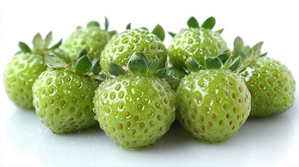 Fototapeta premium Pile of Fresh Green Unripe Strawberries on White Background strawberries fresh pile fruit berry raw