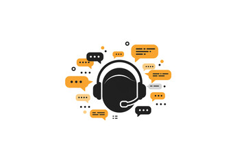 Illustration of a person wearing headset with speech bubbles on a white background